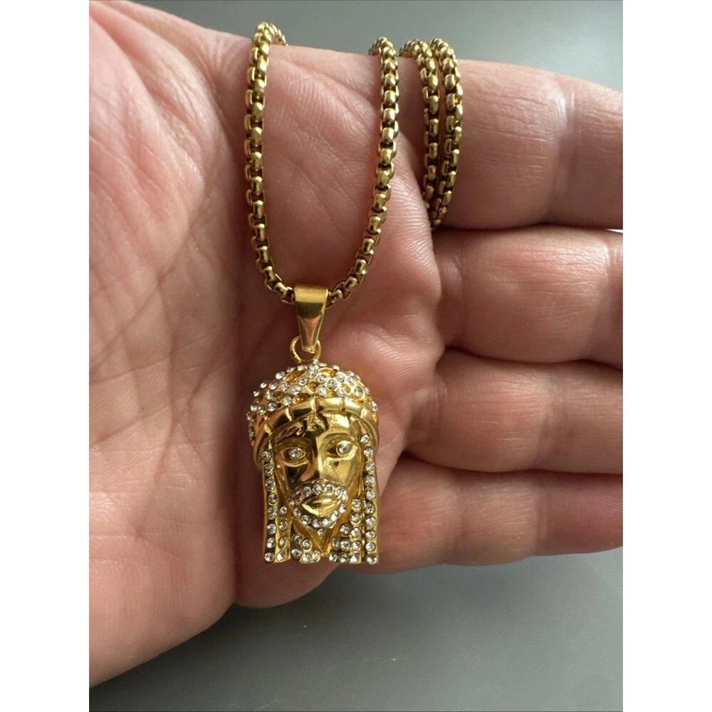Jesus Christ Head Face Pendant Gold Plated Cubic Zirconia Stainless Steel 24”
